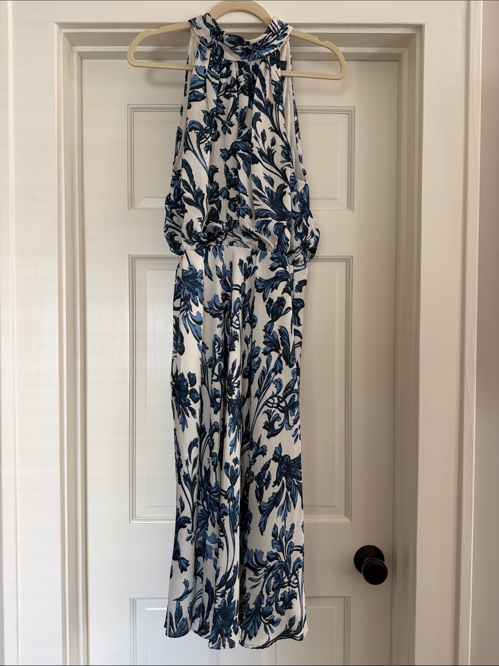 Adrianna Papell White with Blue Floral Print Halter Dress